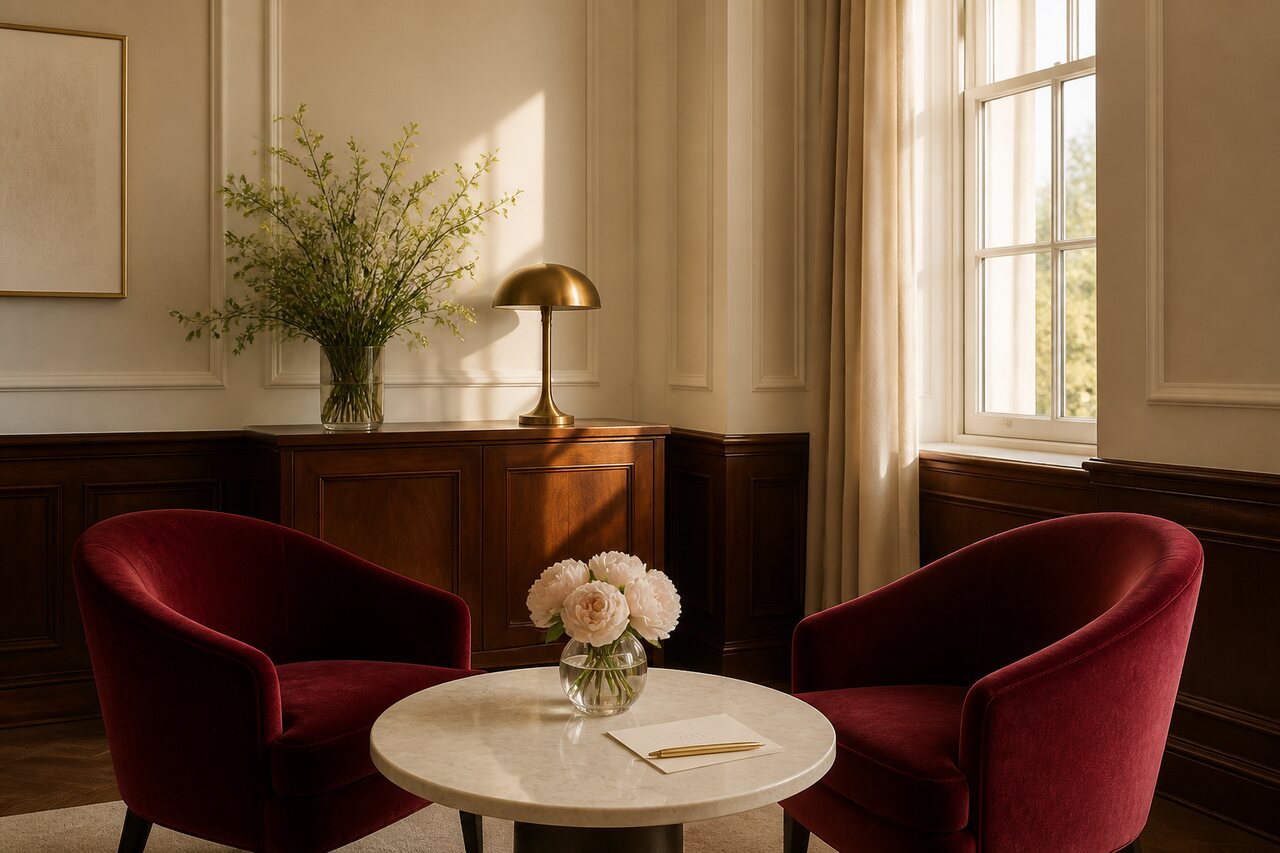 Editorial interior with oxblood chairs, walnut paneling, pale flowers, and warm morning light